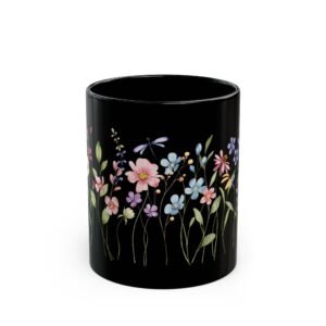 Floral Black Mug with Wildflowers Design, Coffee Cup, Gift for Garden Lovers, Mother’s Day, Flower Enthusiast, Tea Mug, Home Decor
