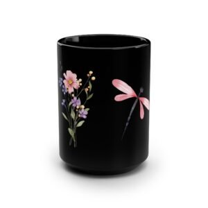 Floral Dragonfly Black Mug, 15oz Coffee Cup, Gift for Nature Lovers, Home Décor, Floral Mug, Botanical Theme Mug