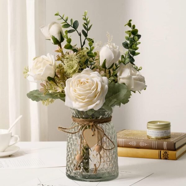 YJ Fake Flowers with Vase, Silk Roses Artificial F... - Image 2