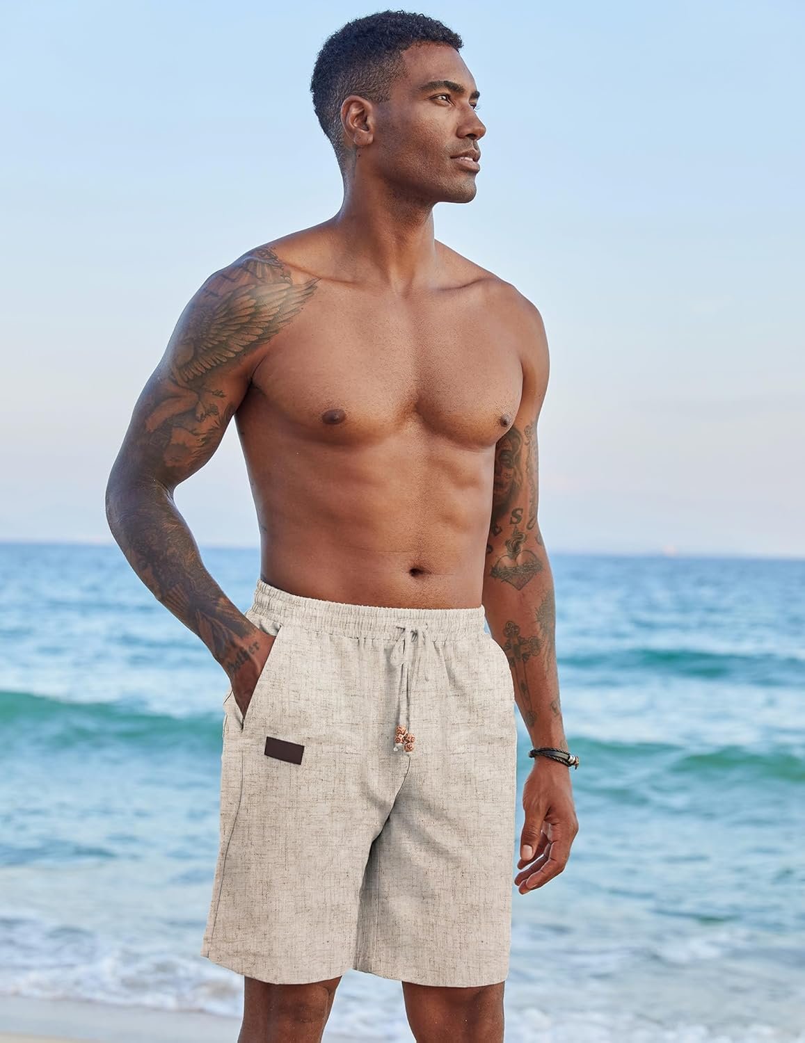 COOFANDY Mens Casual Linen Shorts Elastic Waist Dr... - Image 3