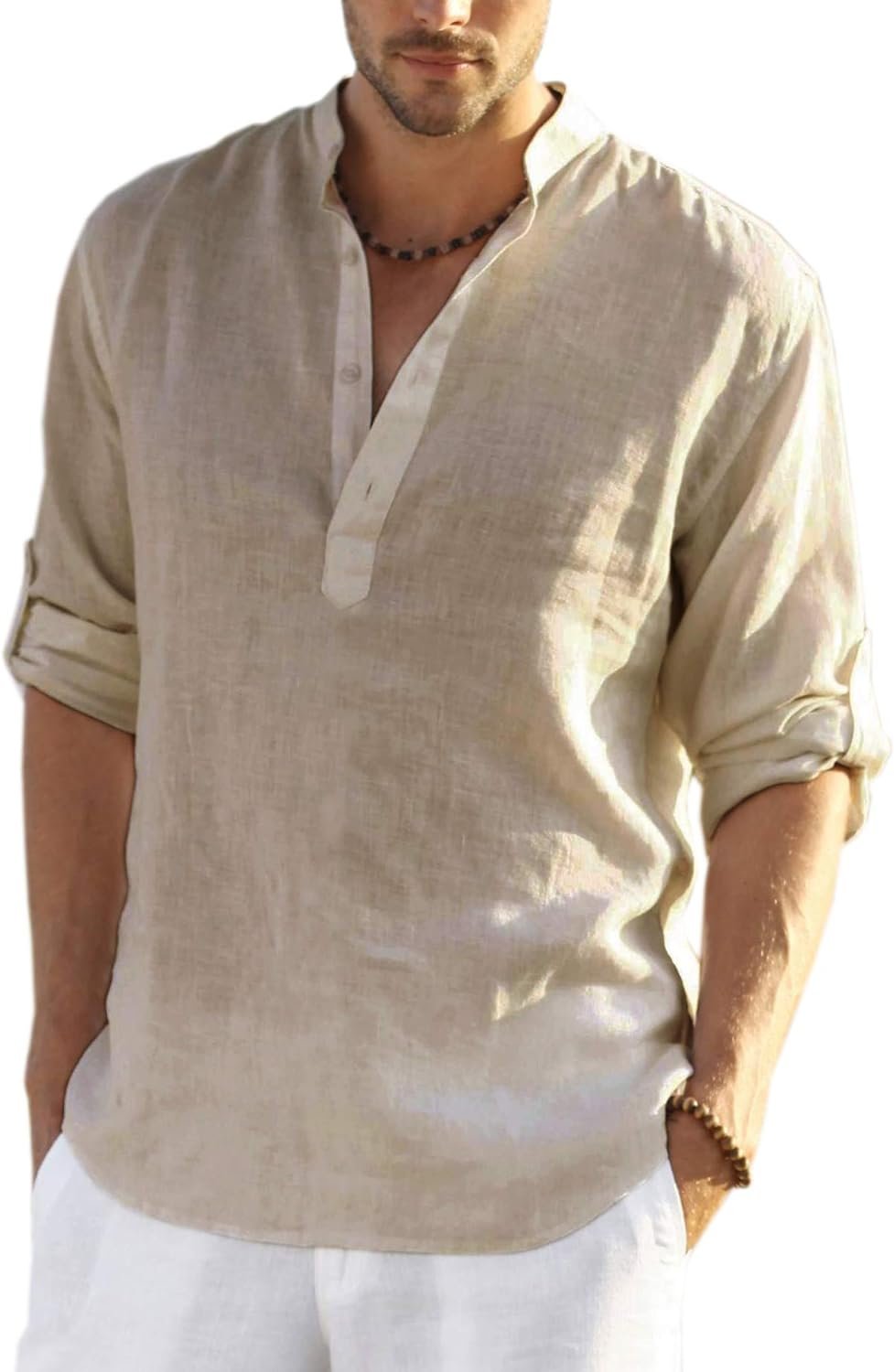 COOFANDY Men's Cotton Linen Henley T-Shirt Long Sl... - Image 2