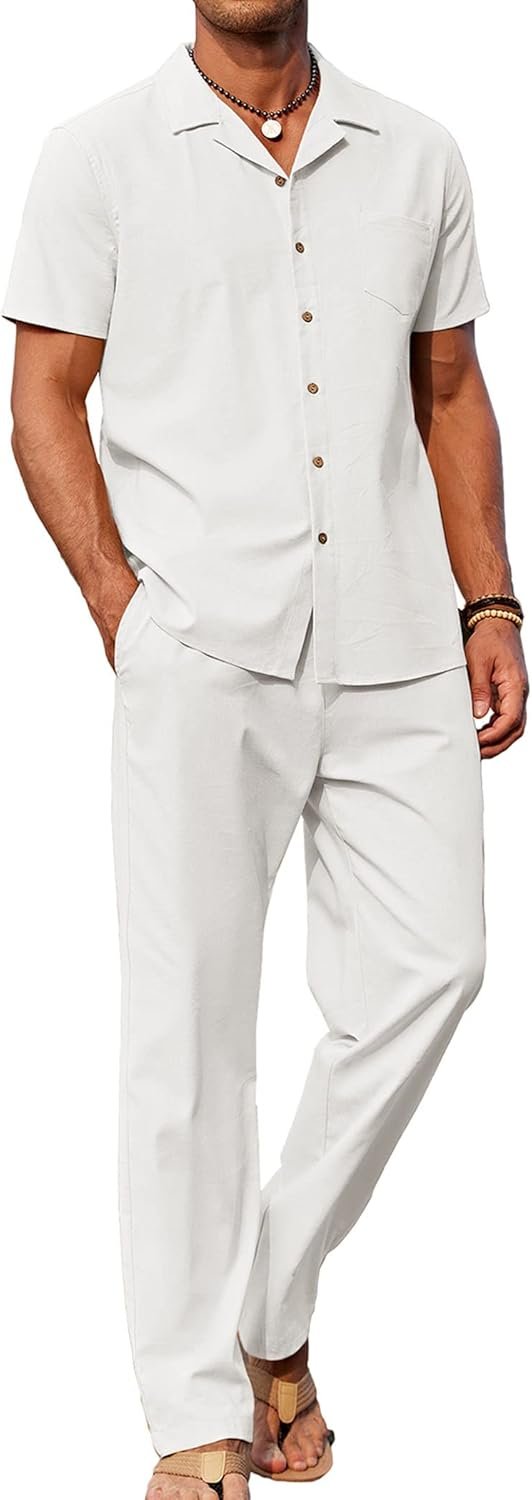 COOFANDY Men 2 Piece Linen Outfit Beach Button Dow... - Image 2