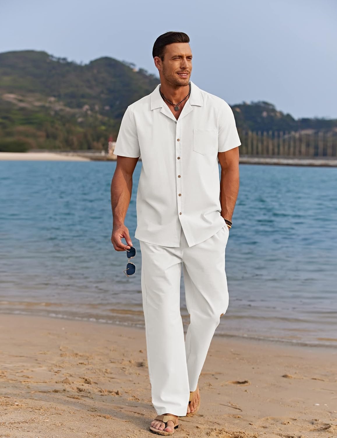 COOFANDY Men 2 Piece Linen Outfit Beach Button Dow... - Image 4