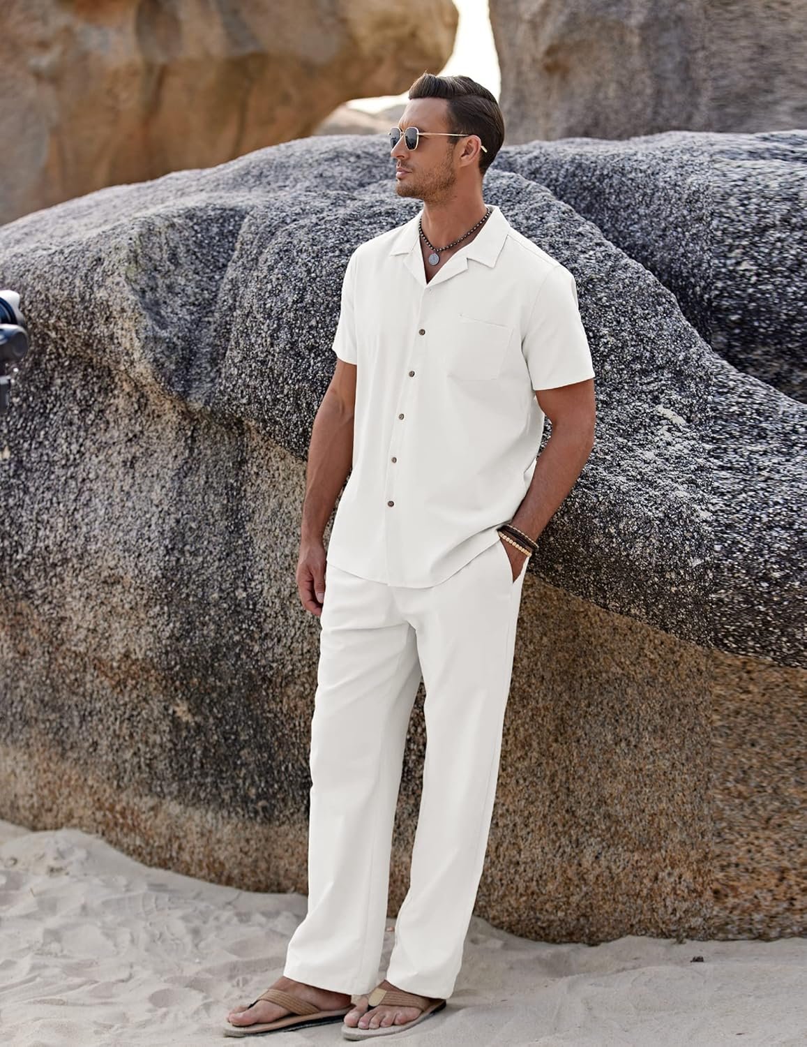 COOFANDY Men 2 Piece Linen Outfit Beach Button Dow... - Image 5